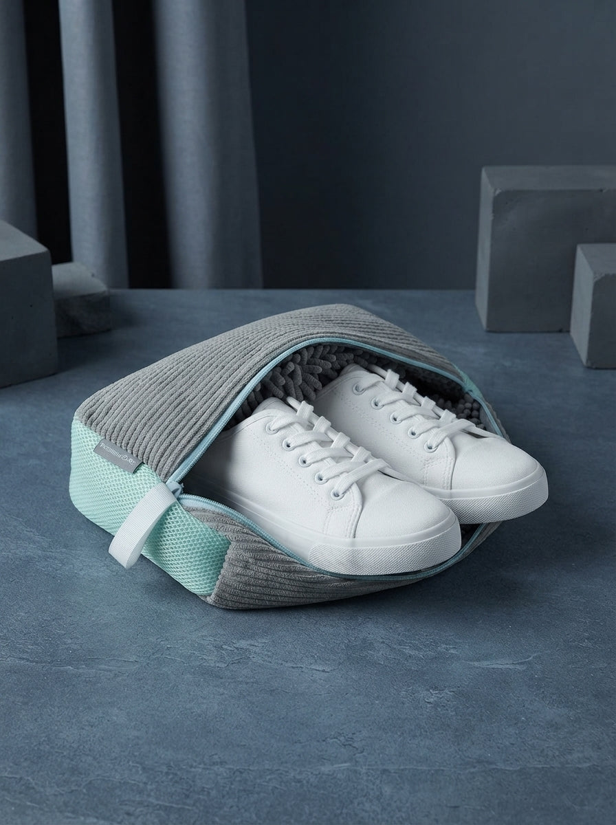 A premium mesh shoe laundry bag with a pair of sneakers inside, displayed on a slate blue surface in a modern studio setting.